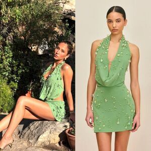 Cult Gaia Issey Cowl Neck Glass Beaded Mini Dress Calla Lily Green Size Medium